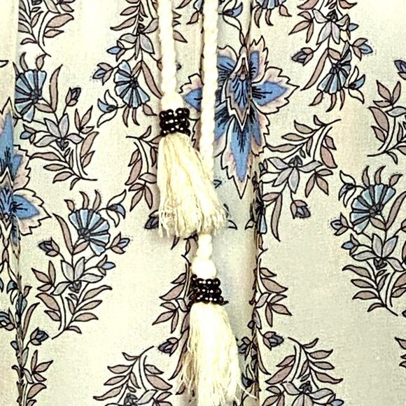 Daniel Rainn Floral Lace Trim Blouse Large Cream/Blue Boho Top With Tassels & - Picture 6 of 10